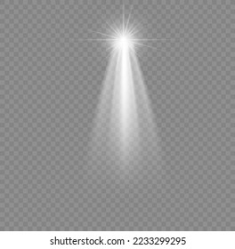 Christmas star with spotlight. Light effect white color. Glowing isolated white sparkling light effect. Spark spotlight special effect design. Ray vector element.