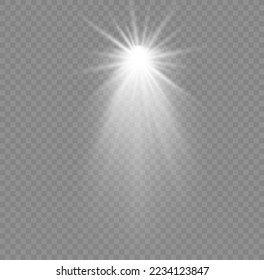 Christmas star with spotlight. Light effect white color. Glowing isolated white sparkling light effect. Spark spotlight special effect design. Ray vector element.