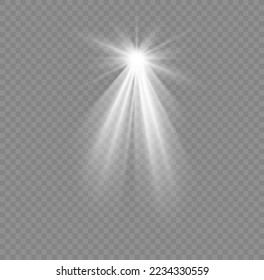 Christmas star with spotlight. Light effect white color. Glowing isolated white sparkling light effect. Spark spotlight special effect design. Ray vector element.
