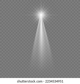 Christmas star with spotlight. Light effect white color. Glowing isolated white sparkling light effect. Spark spotlight special effect design. Ray vector element.