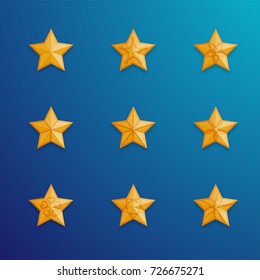 Christmas star symbol gold color with pattern and shadow set illustration isolated on blue gradient background