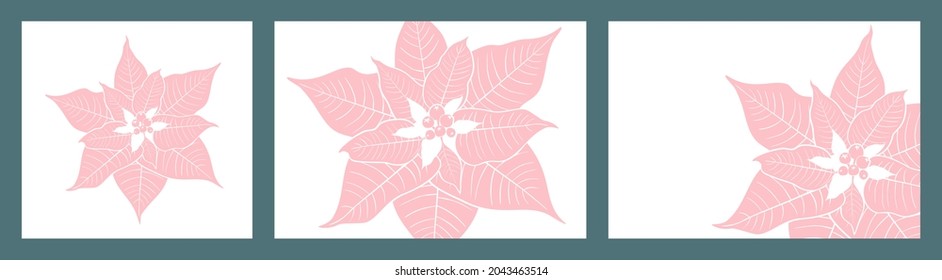 Christmas star. Three cards for Christmas isolated on a dark green background. Vector illustration with pink silhouette of poinsettia.