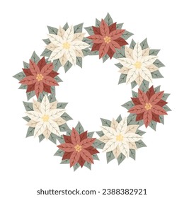 Christmas star, wreath of white and red poinsettia. Design for New Year cards, scrapbooking, stickers, planner, invitations. Vector illustration