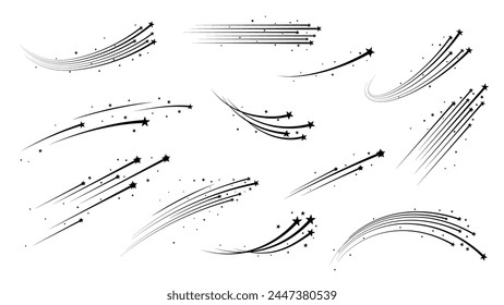 Christmas starburst, shooting space stars with trails, meteors and asteroids in sky. Cosmic falling comets with traces, monochrome vector symbols set. Streaks of light, magic and energy silhouettes