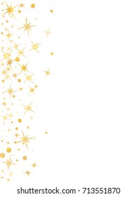 Christmas stars background decorative cosmic pattern on white, gold glitter vector confetti, magic sparkles. Golden stars and gold sparkles, shining glitter flying vector print background.