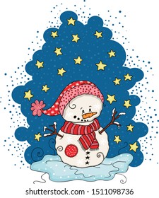 Christmas stars illustration with cute snowman
