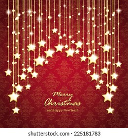 Christmas stars on the red background with ornaments. Eps 10 vector file.