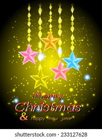 Christmas stars on a winter background with bokeh defocused lights., shiny effect, Happy New Year vector background 