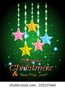 Christmas stars on a winter background with bokeh defocused lights., shiny effect, Happy New Year vector background 