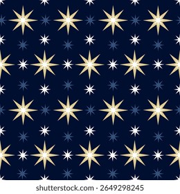 Christmas stars seamless pattern. Blue starry vector background. Night sky geometric magic wrapping paper decoration