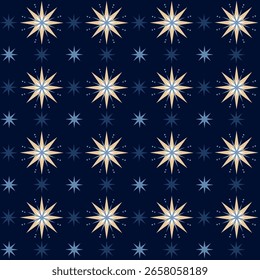 Christmas stars seamless pattern. Blue starry vector background. Night sky geometric magic wrapping paper decoration