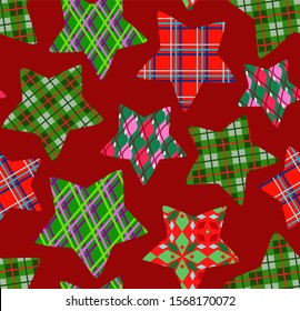 Christmas stars, seamless pattern, dark red, vector. Green and red checkered stars on a maroon field. Holiday decor. Textile print. 
