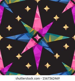 Christmas stars seamless pattern. Flat design. Holiday New Year or Christmas vector illustration. Design elements for fabric, wallpaper, banner, wrapping paper.