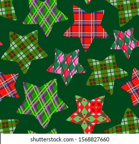 Christmas stars, seamless pattern, green, vector. Green and red checkered stars on a green field. Holiday decor. Textile print. 