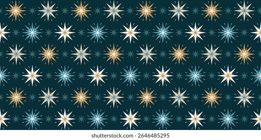 Christmas stars seamless pattern. Green geometric stars vector background. Gift wrapping paper decoration design