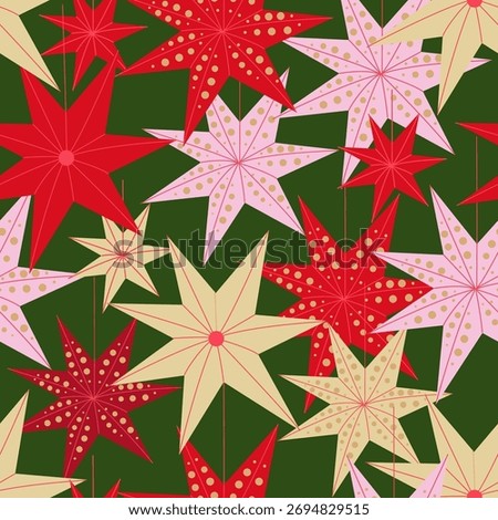 Christmas stars seamless pattern, red and beige festive star decorations, vector illustration
