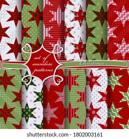 Weihnachtssterne. Reihe nahtloser Vektorgrafiken mit Weihnachtssymbolen und Weihnachtsdesignelementen