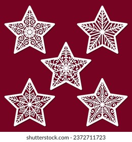 Christmas stars. A set of templates for laser cutting from paper, cardboard, wood, metal. For the design of Christmas and New Year decorations, cards, stickers, interior elements. Vector