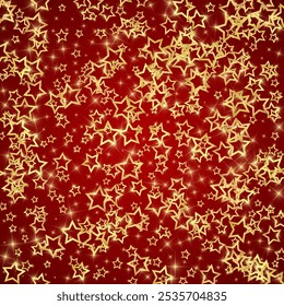 Weihnachtssterne, Vektorüberlagerung.  Zaubersterne Luxus funkelnde Konfetti. Weihnachtsstimmung. Festliche Sterne, Vektorgrafik auf rotem Hintergrund.