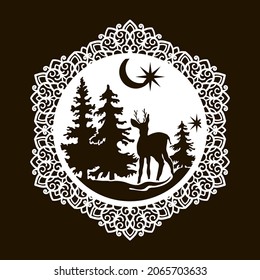 Christmas stencil for cutting in the shape of a snowflake. Little deer in the forest