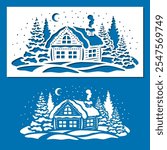 Christmas stencil. Drawing on a wall, window or other surface. Cozy hut in a winter snowy forest, among fir trees. Template for plotter laser cutting of paper, fretwork, wood carving, metal engraving.