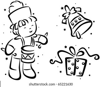 Christmas Stencil Featuring a Little Drummer, a Christmas Gift, and a Bell