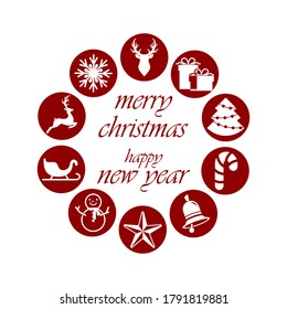Christmas stencil frame isolated on white. Collection borders. Deer, christmas ball, sledge, bell, candle, sweet, gift. Vector stock illlustration. EPS 10