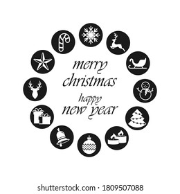 Christmas stencil frame isolated on white. Deer, christmas ball, sledge, bell, candle, sweet, gift. Vector stock illlustration. EPS 10