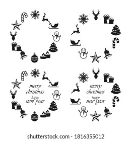 Christmas stencil frame isolated on white. Collection borders. Deer, christmas ball, sledge, bell, candle, sweet, gift. Vector stock illlustration. EPS 10