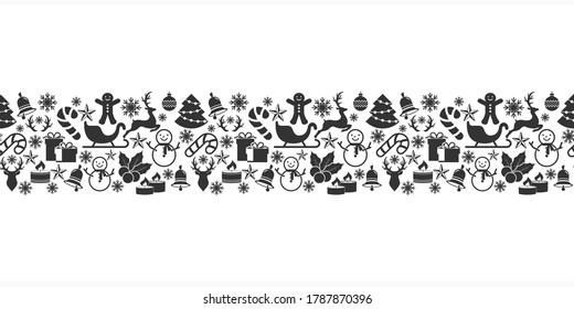 Christmas stencil seamless border isolated on white. Deer, christmas ball, sledge, bell, candle, sweet, gift etc. Vector stock illlustration. EPS 10