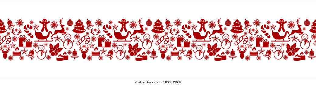 Christmas stencil seamless border isolated on white. Deer, christmas ball, sledge, bell, candle, sweet, gift etc. Vector stock illlustration. EPS 10