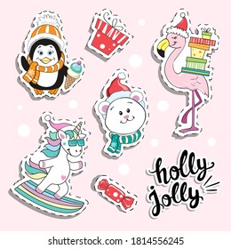 Christmas sticker collection with funny animals on pink isolated background. Flamingo, Penguin, Christmas Polar Bear, Unicorn