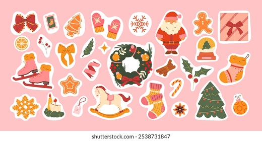 Christmas sticker collection. Santa Claus, Christmas tree, wreath, Christmas tree ball, candles