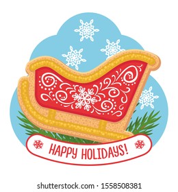 CHRISTMAS STICKER WITH COOKIE SANTA SLEIGH AND GREETING "HAPPY HOLIDAYS!"