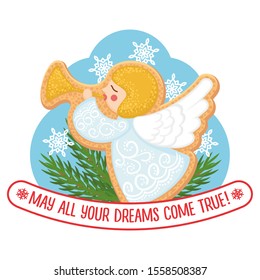 CHRISTMAS STICKER WITH COOKIES ANGEL, BRANCH OF FIR AND WISH "MAY ALL YOUR DREAMS COME TRUE! "