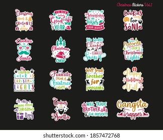 Christmas sticker designs bundle. Xmas calligraphy labels set with different hoiday quotes. Illustrations for greeting card, t-shirt print, mug designs. Stock vector badges