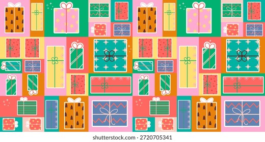 Weihnachtsaufkleber Geschenk Mega nahtloses Muster mit gemischten Boxen