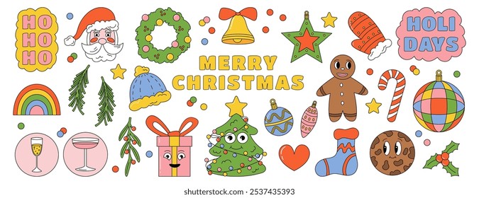 Christmas sticker. Groovy gift, Santa Claus, tree character and rainbow. Xmas design, vintage winter party, retro cartoon happy circle smile, hipster decorative isolated set. Vector garish holiday