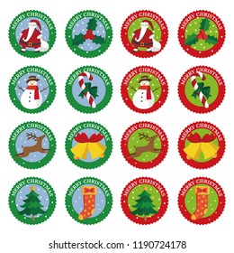 Christmas sticker, label design (Santa Clause, Christmas tree, reindeer, snowman, bell, Christmas stocking, holly and candy cane)