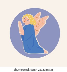 Christmas sticker or label in vector with angel praying. Winter holiday stationery template.
