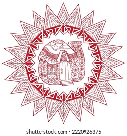 Christmas sticker. Mandala, cute house. Vector illustration, signs for the celebration of the Christmas party.