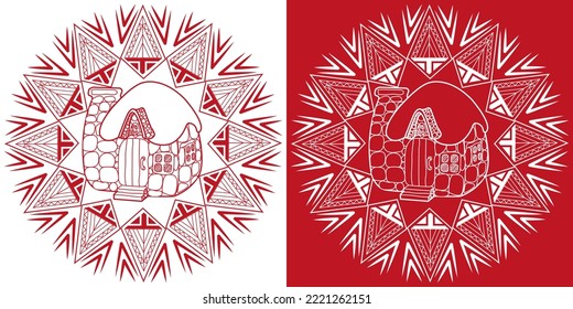 Christmas sticker. Mandala, cute house. Vector illustration, signs for the celebration of the Christmas party.
