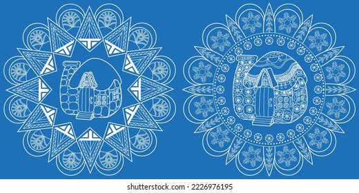 Christmas sticker. Mandala, cute house. Vector illustration, signs for the celebration of the Christmas party.