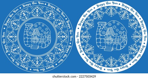 Christmas sticker. Mandala, cute house. Vector illustration, signs for the celebration of the Christmas party.
