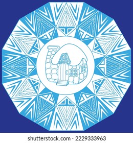 Christmas sticker. Mandala, cute house. Vector illustration, signs for the celebration of the Christmas party.
