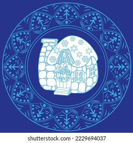 Christmas sticker. Mandala, cute house. Vector illustration, signs for the celebration of the Christmas party.

