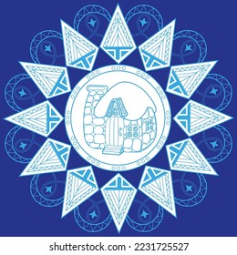Christmas sticker. Mandala, cute house. Vector illustration, signs for the celebration of the Christmas party.