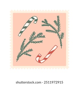 Christmas sticker. New Year retro design. Pine branches and candy canes card. Vector hand drawn flat illustration isolated on white background.