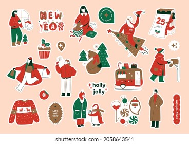 Christmas sticker pack with colourful illustrations of xmas celebration and quotes