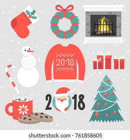 Christmas sticker pack. Winter holidays. Chimney. Fireplace. Gift box. Xmas tree. 2018. New Year. Santa. Hot chocolate with marshmallows. Snowman. Candy cane. Door wreath. Sweater. Decoration. Vector